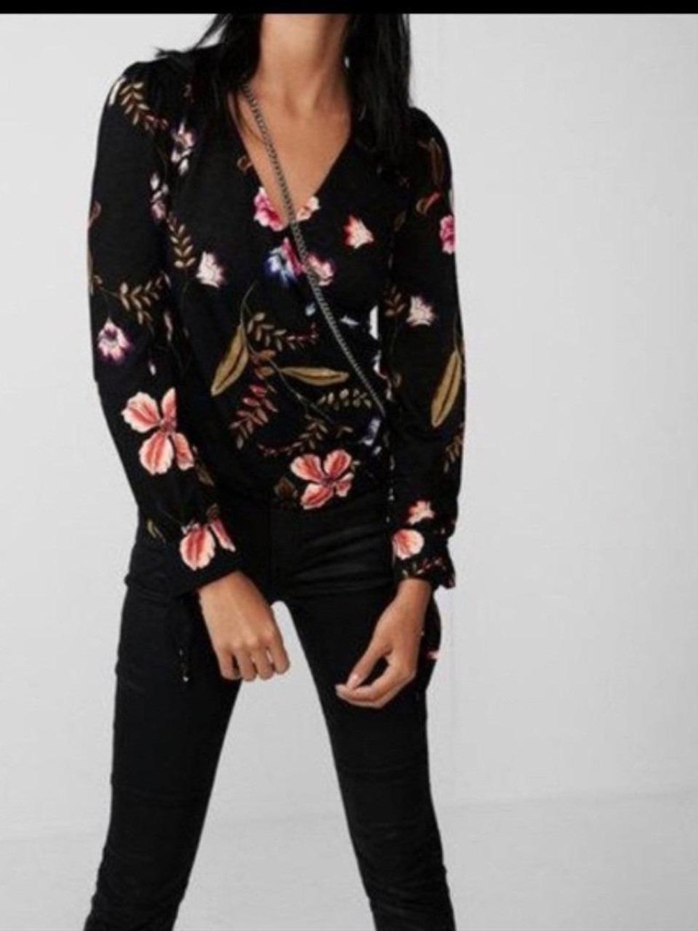 Express Black Floral V-Neck Wrap Blouse- SIZE MEDIUM